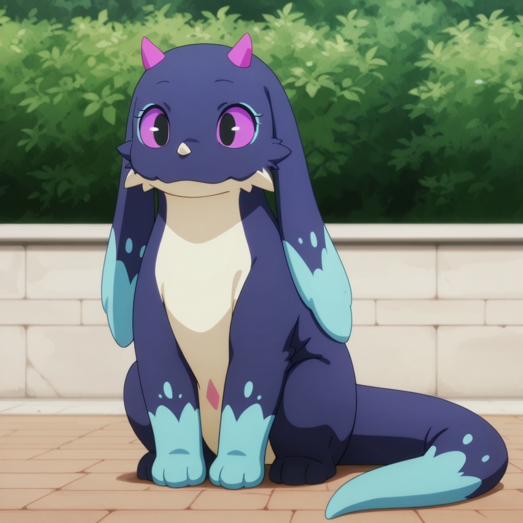 masterpiece, best quality, amazing quality,Feirunespdril, feral, female, earth wyrm, white nose horn, two-tone fur, dark blue fur, light blue fur, long ears, pink horns, purple sclera, black eyes, sitting, outside, full body,