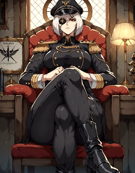 score_9, score_8_up, score_7_up, score_6_up, source_anime, masterpiece, detailed, refined, 1girl, solo, (mature female), warhammer 40000, detailed background, bunker, lamp, table, crates, black military uniform, black militarty cap, (epaulettes), (pants), knee boots, serious expression, white hair, bob cut, red eyes, eyepatch, sittinbg on chair, legs crossed