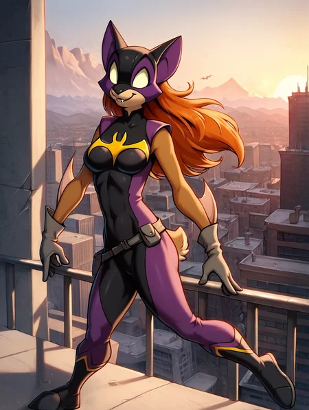 score_9, score_8_up, score_7_up,ultra high quality,ultra high resolution,ultra,,high detailed mouth,ultra high details, seductive,background,nightsky,rooftop,detailed rooftoop,, very realistic,(extremely detailed), detailed background,,(masterpiece, best quality, high quality, highres, ultra-detailed),,bat girl,bat ears, <lora:Chiropterana:0.85> chiropterana, superhero, chiropterana outfit, tight spandex outfit, mask on head, two-tone outfit, two-tone fur, orange hair, brown fur, anthro, medium breasts, yellow bat symbol on chest, yellow eyes, black and purple outfit, bat girl, bat ears,full body,orange long hair,