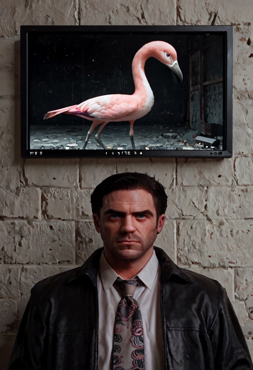 score_9, score_8_up, score_7_up, score_6_up, score_5_up, score_4_up, source_anime, max_payne2, 1boy, upper body, black jacket, white collared shirt, multicolored necktie, tv on wall, pink flamingo on tv, indoor background