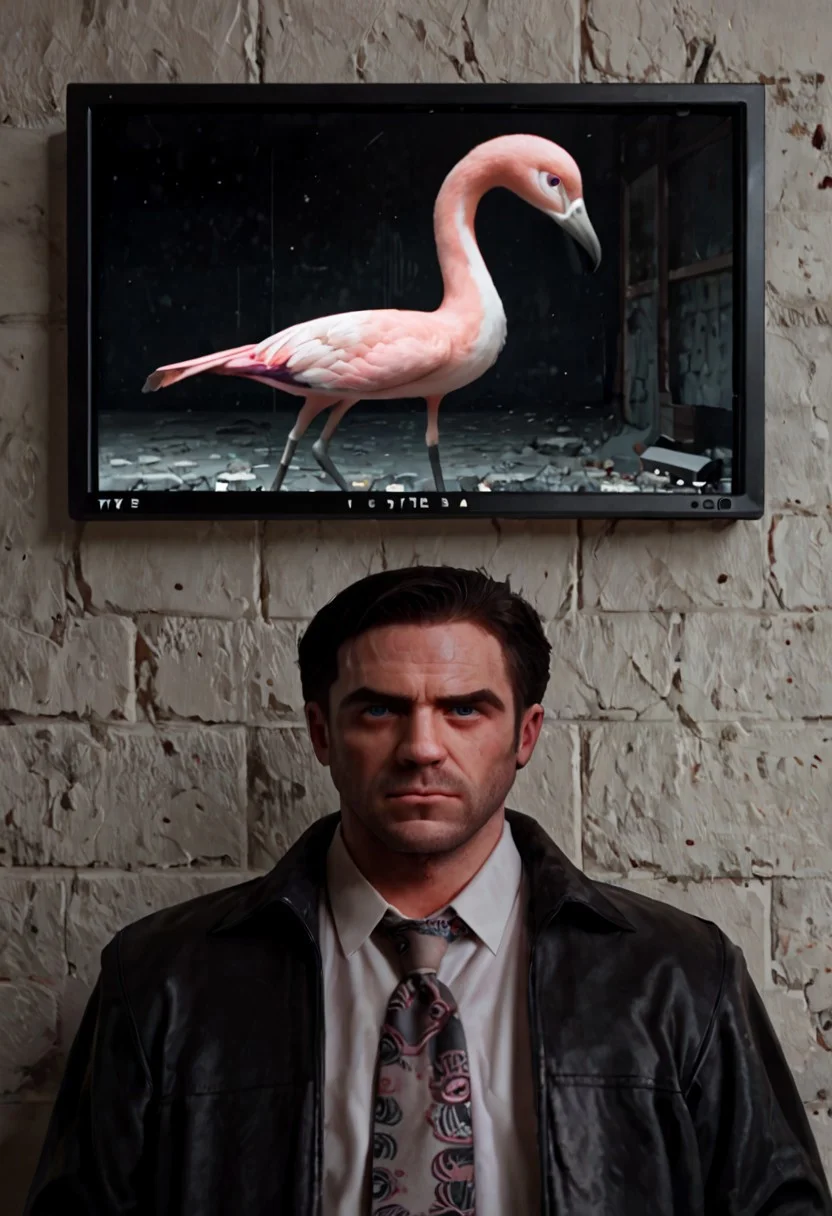 score_9, score_8_up, score_7_up, score_6_up, score_5_up, score_4_up, source_anime, max_payne2, 1boy, upper body, black jacket, white collared shirt, multicolored necktie, tv on wall, pink flamingo on tv, indoor background