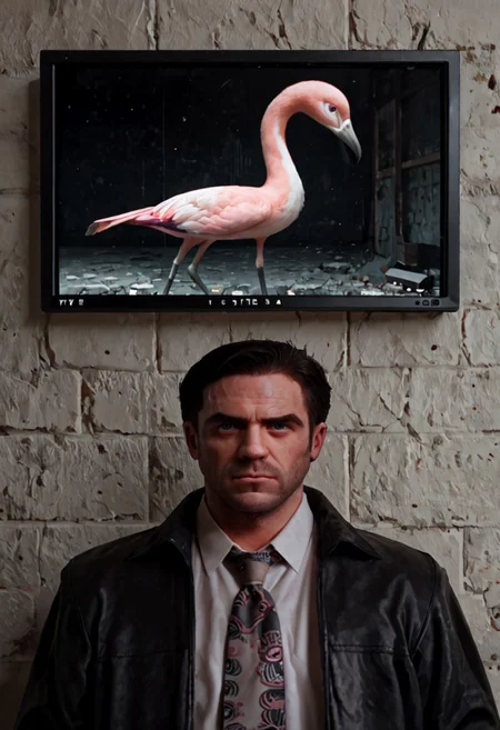score_9, score_8_up, score_7_up, score_6_up, score_5_up, score_4_up, source_anime, max_payne2, 1boy, upper body, black jacket, white collared shirt, multicolored necktie, tv on wall, pink flamingo on tv, indoor background