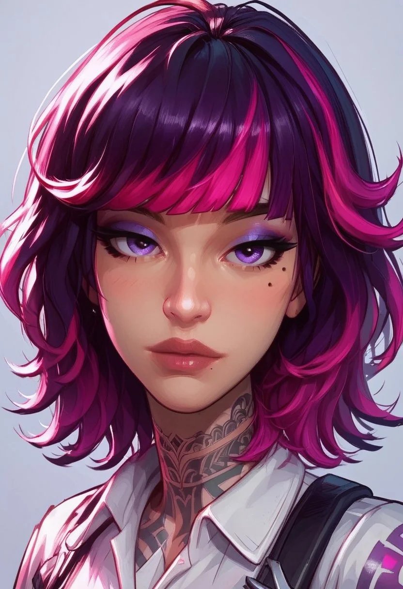 MarvelRivals, Sophiaaa, (beautiful face), medium hair,mole under left eye,left tattoos,black and purple hair,pink hair highlights,purple eyes, eyeshadow,blunt bangs,slender eyes, lips, strong eyebrows,1girl,solo,looking at viewer, white shirt, Stylized, Semi-realistic style, studio lighting, blue ambiance, atmospheric, cooler colors, portrait,