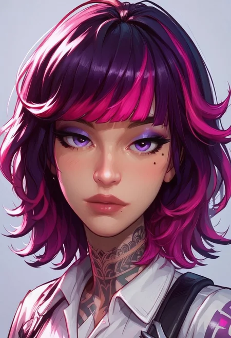 MarvelRivals, Sophiaaa, (beautiful face), medium hair,mole under left eye,left tattoos,black and purple hair,pink hair highlights,purple eyes, eyeshadow,blunt bangs,slender eyes, lips, strong eyebrows,1girl,solo,looking at viewer, white shirt, Stylized, Semi-realistic style, studio lighting, blue ambiance, atmospheric, cooler colors, portrait,
