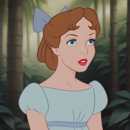 score_7_up, BREAK, WendyDarling, 1girl, solo, brown hair, hairbow, blue eyes, lipstick, dress, portrait, <lora:WendyDarling_PXL_Leaf1:1>, outdoors,