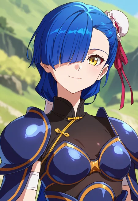 masterpiece, best quality, amazing quality, very aesthetic, absurdres, newest, illustration, perfect composition, intricate details, highres, uncensored, general, 1girl, solo, (portrait:1.2), ren sin, yellow eyes, blue hair, long hair, very long hair, hair over one eye, hair bun, single hair bun, bun cover, small breasts, black shirt, armor, shoulder armor, looking at viewer, smile, outdoors, shiny body, shiny skin, skindentation, clear skin, shiny hair, ultra detailed eyes, depth of field, sharp, intricate details, hyperdetailed, ultra-detailed, detailed clothing folds, high contrast, dynamic light <lora:Ren Sin_Back Arrow_ill:1>