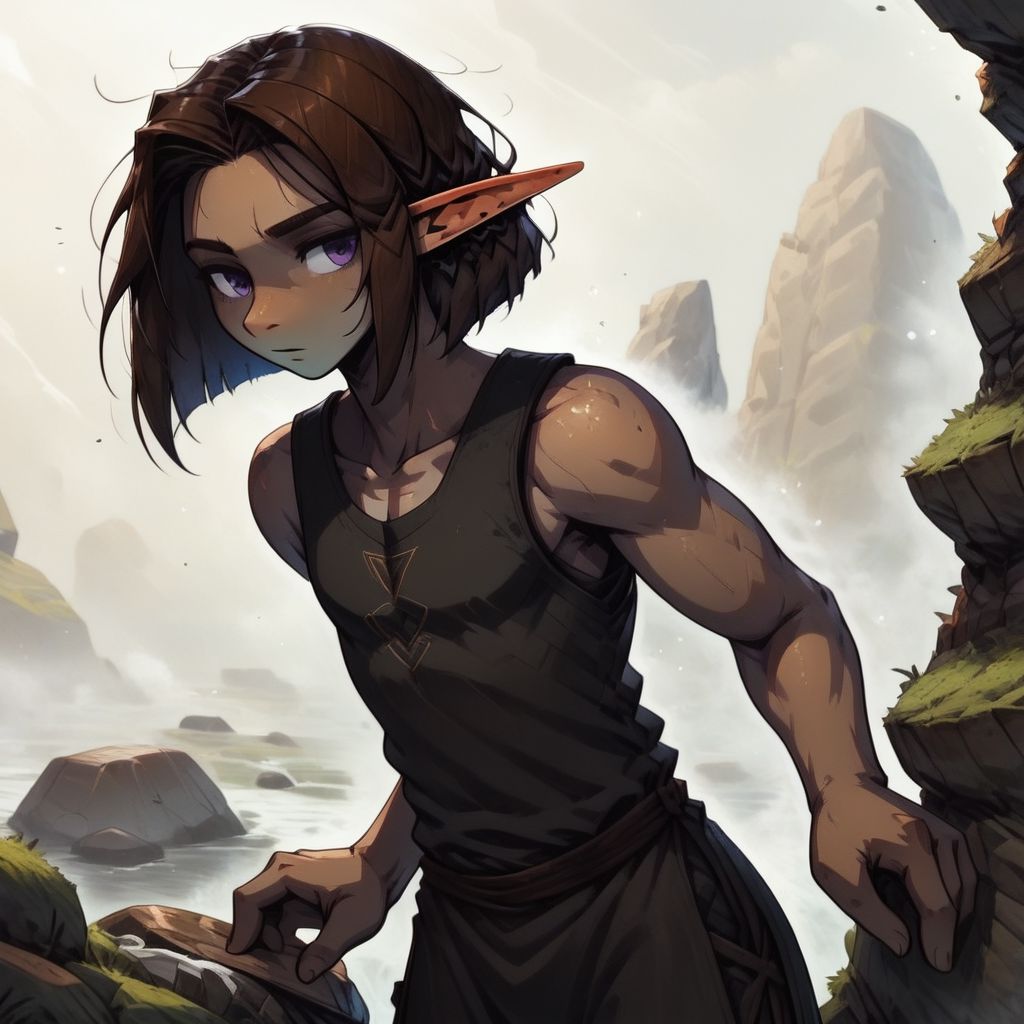 ASCIILapanya, 1 person, 3/4 view, solo, wary expression, pointy ears, snout nose, flat chest, olive-tone skin, tall, square jaw, violet irises, dark brown hair, mid-length hair, straight bob haircut parted in the middle, parted hair, visible forehead, small nostrils, 3 fingers 1 thumb, black sleeveless tunic, athletic build, fully clothed, climbing over a boulder, clean lines, highly detailed, high quality, best quality,  rating: safe