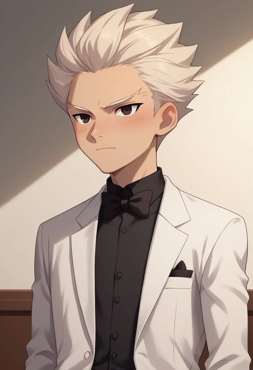score_9, score_8_up, score_7_up, source_anime, highly detailed, slender, skinny, half body,
male focus, 1boy, solo, white hair, formal, suit, blush,
indoor,