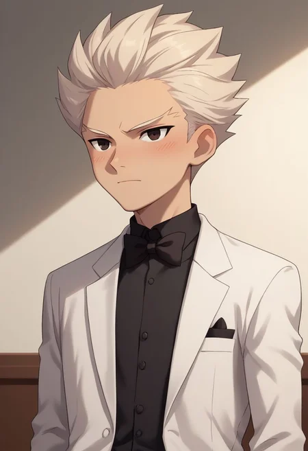 score_9, score_8_up, score_7_up, source_anime, highly detailed, slender, skinny, half body,
male focus, 1boy, solo, white hair, formal, suit, blush,
indoor,