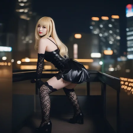 cinematic photo Misa1024, a full body blond woman dressed in black laces, lace gloves, stocking, cross necklace, twerks, japan background<lora:Misa1024:0.8> . 35mm photograph, film, bokeh, professional, 4k, highly detailed