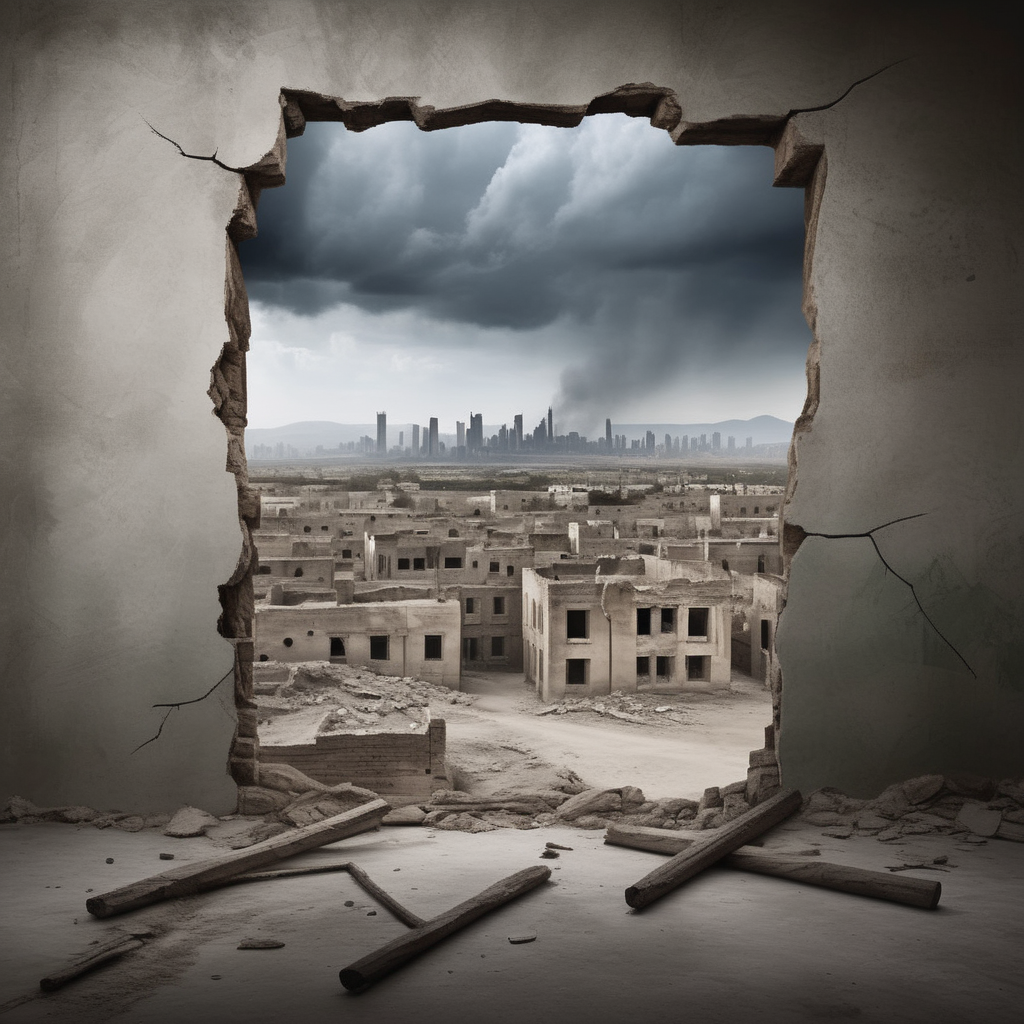 hole,A photorealistic image of a cracked wooden wall in the foreground, weathered and damaged, possibly by the impacts of war. Beyond this wall, the viewer should see a heart-wrenching scene of a Middle Eastern warzone. The landscape should be filled with architectural ruinsâcrumbled buildings, fallen pillars, and debris scattered around. Among these ruins, include people who look visibly distressed, perhaps some are sitting in despair, others walking aimlessly. The atmosphere should be heavy, filled with the weight of human suffering and the tragedy of war. The sky could be overcast or smoky, adding to the grim reality of the scene., <lora:hole2:0.6>