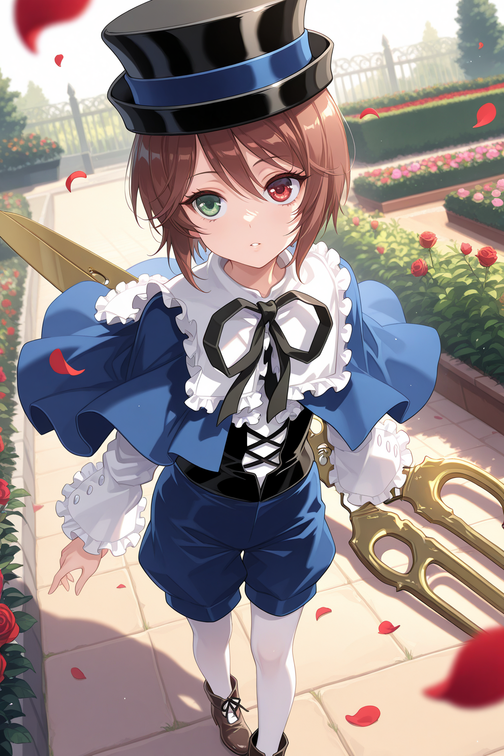 1girl, SouseisekiRozenMaiden, 
general, solo, dynamic angle, from above,
eyelashes,
top hat, kodona,
frilled shirt collar, neck ribbon, blue capelet,
white shirt, long sleeves,
black corset,
blue shorts, white pantyhose, 
standing, looking up, parted lips,
scissors, oversized object, 
outdoors, garden, rose, petals, depth of field,
<lora:kp_SouseisekiRozenMaidenIllustrious_v1_0:1.0>,
masterpiece, best quality, amazing quality