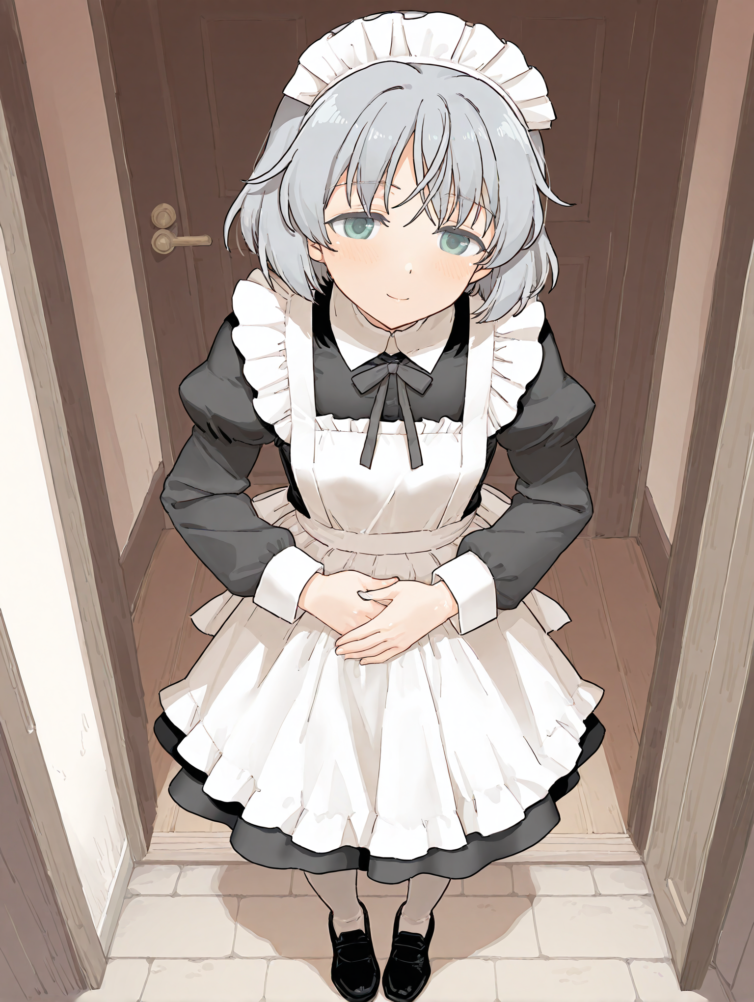 safe_pos, very awa, masterpiece, best quality, year 2024, newest, highres,very aesthetic, absurdes, detailed eyes, beautiful, detailed background, perfect eyes, shiny skin, kireinamo, <lora:kireinamoCIVITAI:1> , nsfw, rating:explicit, uncensored,
1girl, solo,  sanya v. litvyak \(Strike witches\), no animal ears, 
<lora:maid classic_illustrious_V1.0:1> maid, maid apron, maid headdress, puffy sleeves,miniskirt, 
smile, standing, pov, doorway, full body, hands on stomach, own hands together,  bowing,