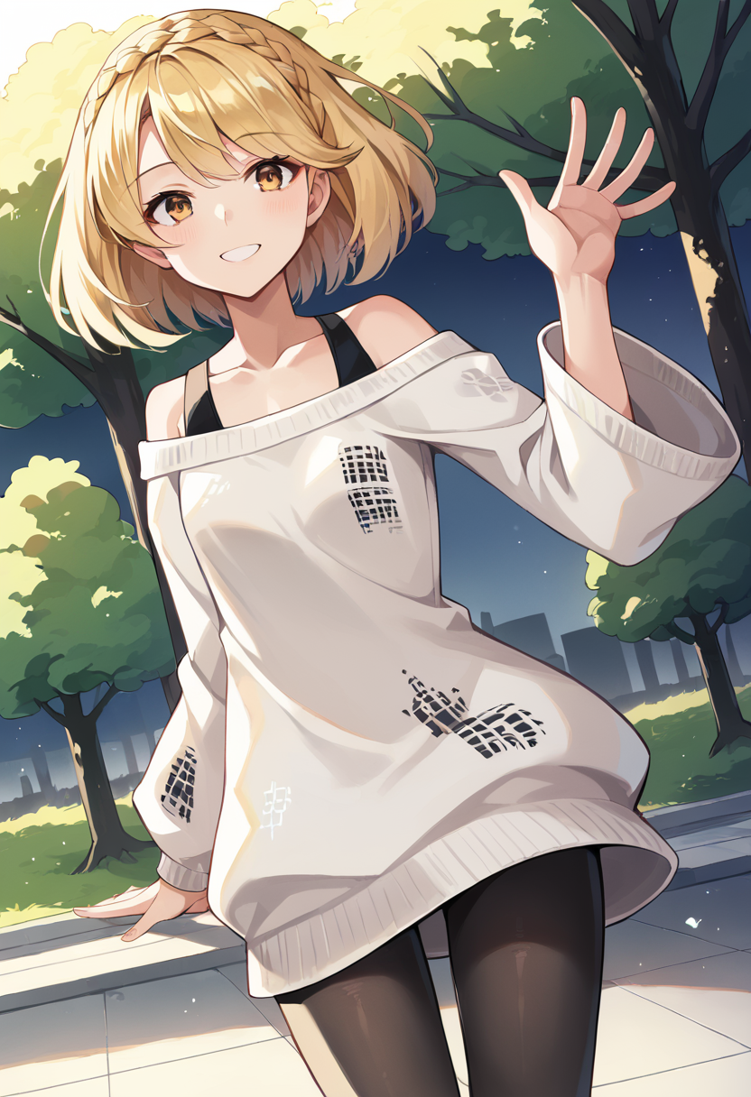 score_9,score_8_up,score_7_up,source_anime,masterpiece,best quality,dynamic_angle,1girl,solo,knit_jube,blonde hair,short hair,braid,yellow eyes,brown eyes,crown braid,sweater,pantyhose,off shoulder,bare shoulders,black pantyhose,long sleeves,collarbone,<lora:knitjube:1>,cowboy_shot,looking_at_viewer,park,night,standing,smile,waving,