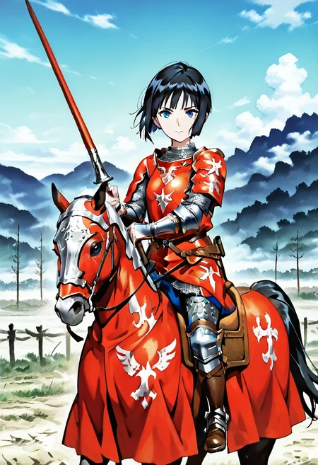 masterpiece, best quality, absurdres, detailed skin, detailed eyes, anime colored, anime screencap,
<lora:SaitoE:0.8>, SaitoE, black hair, chainmail, looking at viewer, holding lance, solo,
<lora:Riding_horse_with_Caparison:0.9>, ((colorful horsewithcaparison)), riding, horseback riding,
outdoors, bright daylight,