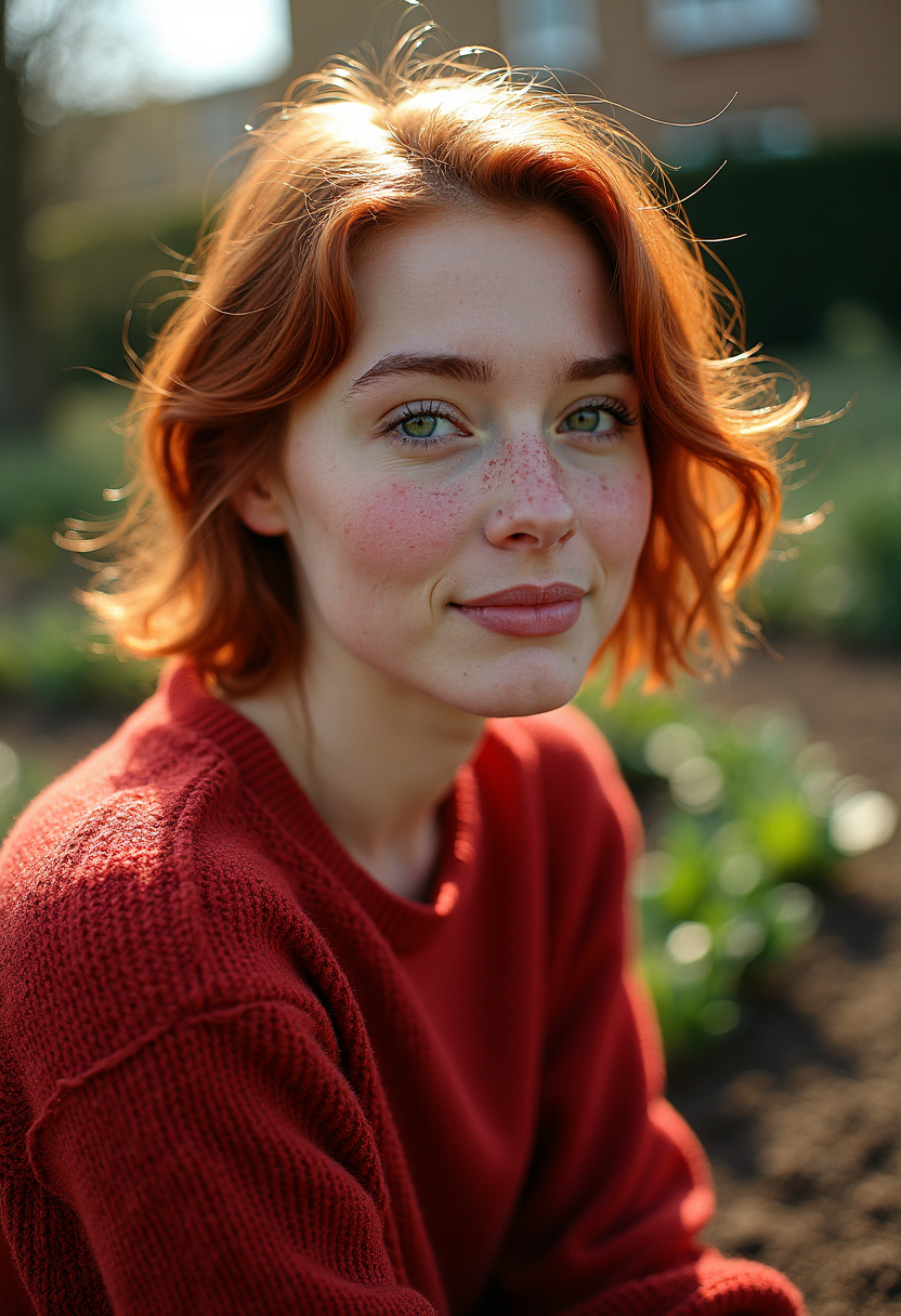 The photograph in question is a stunning production still, capturing a young woman with short red hair, dressed in a textured red wool sweater, sitting in a London garden during a sunny spring day. The photograph is shot on 35mm film, providing a timeless and classic quality to the image. The lens used is sharp, rendering every detail of the scene with crisp clarity.
The photograph is taken from a low angle, looking up at the subject, creating a sense of intimacy and vulnerability. The close-up shot focuses on the subject's face and upper body, with a side profile view that showcases her candid smile and the warmth in her expressive eyes. Her green eyes are the focal point of the image, catching the light in a way that is both appealing and alluring.
The garden surrounding the subject is daytime spring garden, with dirt obscuring the ground, providing a natural and organic backdrop to the scene. The sunlight filters through the garden, casting a warm and inviting light on the subject's face. The professional lighting and color grading of the photograph enhance the clean and sharp film look, with even lighting that highlights the subject's light freckles, natural skin imperfections, and visible skin pores.
Overall, the photograph is a beautiful and evocative image that captures the spirit and personality of the young woman in a candid and authentic way. The combination of the 35mm film, sharp lens, low angle, and close-up shot creates a stunning visual that is both timeless and modern, making it a perfect production still for a movie.