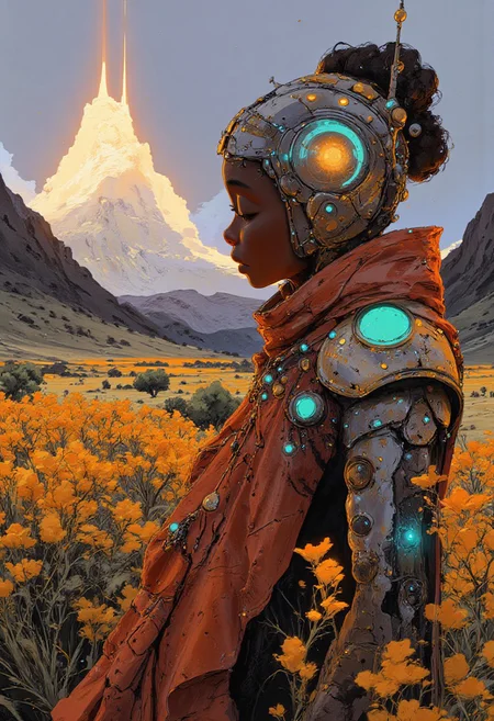 Christmas, Portrait of an African santa woman looking at the viewer, in a futuristic shwe-swhe jumpsuit and multicoloured cloak, modern city on the horizon, plants, trees on the plain, distant pyramids, African tribal elements and jewellery, baobab trees, ambient lighting. Epic, cinematic