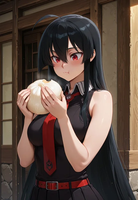 safe_pos, masterpiece, best quality, amazing quality, very aesthetic, light particles, scenery, ultra detailed, masterpiece \(quality\), BREAK, 1girl, solo, Akame, red_eyes, black_hair, very_long_hair, hair_between_eyes, medium_breasts, sleeveless_shirt, black_shirt, collared_shirt, pleated_skirt, black_skirt, red_belt, red_necktie, food, eating, holding food, holding, ahoge, baozi, upper body, :t, blush, haori, closed mouth, hands up, fate \(series\), ,masterpiece,best quality,amazing quality, very awa, perfect_anatomy, intricate eyes, anatomically_correct_body, year2024, year2023, ultra high resolution, 4k, UHD, HD, (nyantcha:0.5), (detailed background),