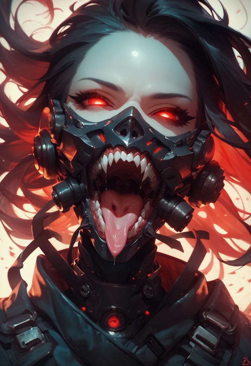 (score_9, score_8_up, score_7_up), zPDXL, 1girl, solo, looking at viewer, open mouth, black hair, red eyes, sharp teeth, black mask, glowing, portrait, glowing eyes, respirator, tongue out, saliva
<lora:BioPunky:0.7>