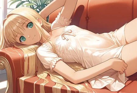 hortensia,score_9,score_8_up,score_7_up,source_anime,best quality,masterpiece,illustration,8k,smooth_lines,1girl,solo,smile,(small_chest),relaxing,(very_long_hair:1.0),white_long_sundress,lying_on_sofa,barefoot