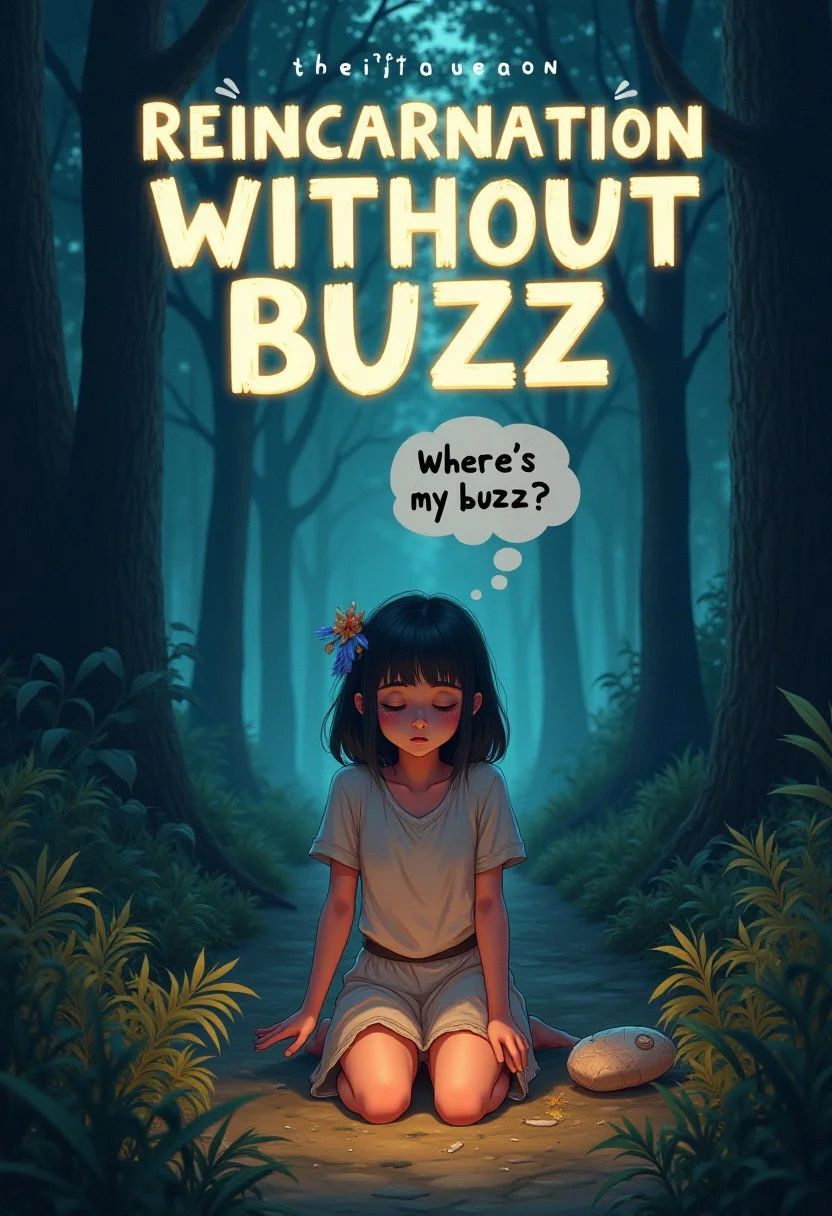 anime poster with big title "Reincarnation without buzz", fantasy world, sad confused girl on her knees, wearing rags, thought bubble that says "Where's my buzz?", aidmatextimprover, evening time, Magic, glow