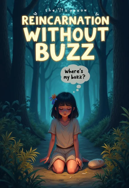 anime poster with big title "Reincarnation without buzz", fantasy world, sad confused girl on her knees, wearing rags, thought bubble that says "Where's my buzz?", aidmatextimprover, evening time, Magic, glow