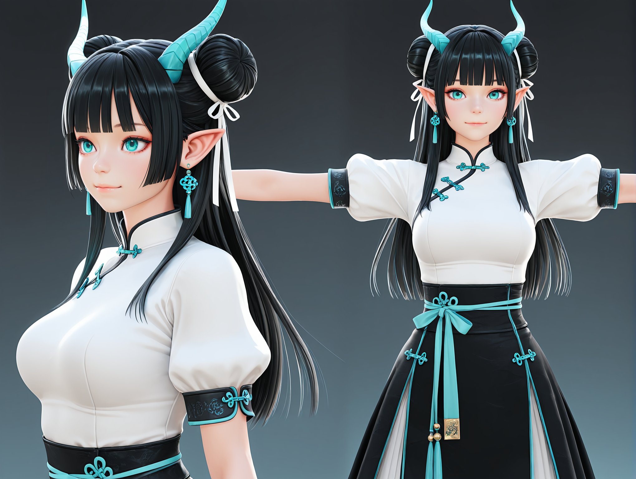 reference sheet,concept art,
1girl, t-pose,
 long hair, blue eyes, black hair, aqua eyes, happy, closed mouth,medium breasts, hair bun, double bun, horns,blunt bangs,bend over, shirt, skirt, long sleeves, ribbon, jewelry, white shirt, short sleeves, earrings, pointy ears, black skirt, puffy short sleeves, chinese clothes, 
3D, Realistic, ayn0_st
,masterpiece,best quality,amazing quality,   <lora:Detail_Enhancer_3D_Render_StyleAyanna_AI_ILLUST-000013:1>