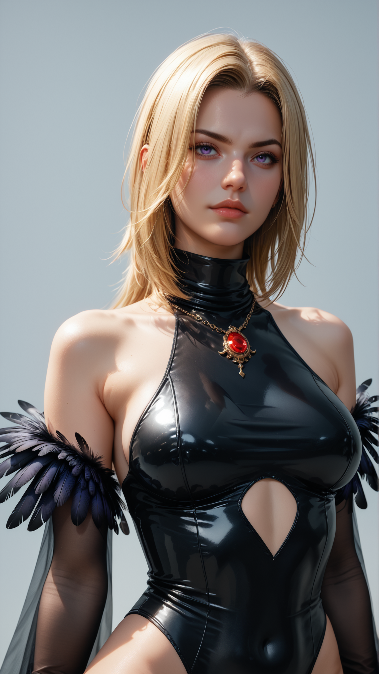 score_9, score_8_up, score_7_up, score_7, score_6_up, score_5_up, portrait, close up, beautiful woman portrayed in her naturalness:sensual,noble,pure and self-confident,sporty, blonde, long hair, , , reij-mgcn02, black latex leotard, turtleneck, black lace sleeves, black raven feathers, red necklace  <lora:reij-magicianrobe02-000001:0.8>