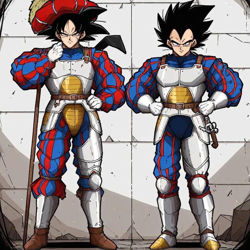 masterpiece, best quality, newest, absurdres, highres, mark_gavatino, mark gavatino style,
LKAV1.0, landsknecht, armor, belt, breastplate, chaperon hat, faulds, asymmetrical legwear, asymmetrical armor, puffy sleeves, puffy pants,
1boy, vegeta /(dragon ball/), spiked hair, black hair,