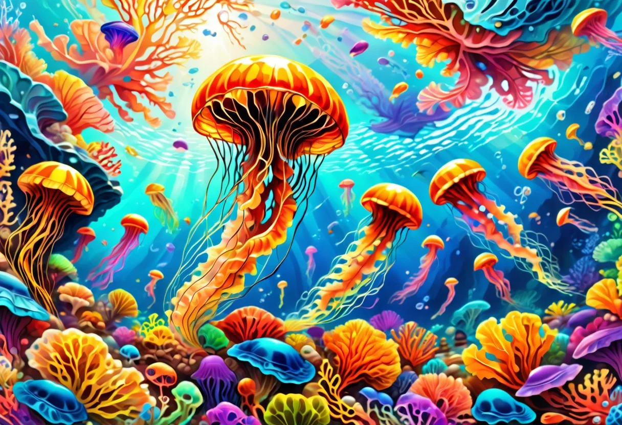 Jed-Spl4sh, colorful jellyfish swimming over the coral reef, cartoony realism, beautiful ocean landscape, underwater