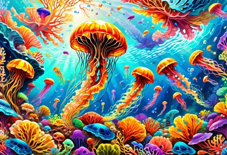 Jed-Spl4sh, colorful jellyfish swimming over the coral reef, cartoony realism, beautiful ocean landscape, underwater