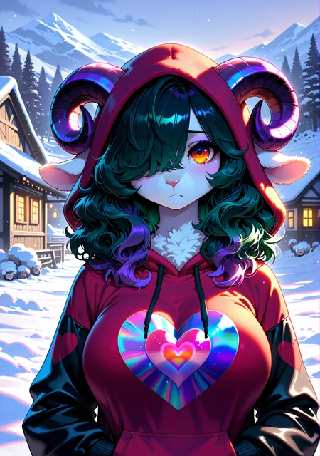 masterpiece,best quality,amazing quality, FMIXF2, female furry, solo,body fur, sheep, long ears, sheep horns, upper body, (medium hair, bangs, hair over one eye, wavy hair, fluffy hair, dark green hair, purple highlights:1.3), (orange eyes, gradient eyes:1.2), looking at viewer, sad, frown, snow, village, outdoors, large breasts, (heart print, iridescent heart, print hoodie, black sleeves, red hoodie:1.3), hands in own pocket