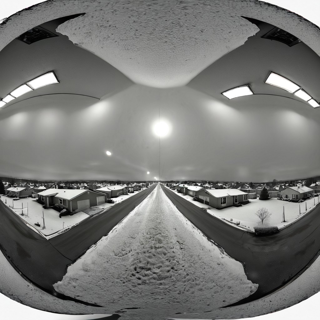 liminal, suburban liminal, suburban, an empty suburban environment, vanishing point, depth of field, fisheye lens, snow, neighborhood, indoors, looking out window, garage, symmetrical, abstract, split image, creepy, greyscale, night, day, sunrise, sunset, beautiful, masterpiece, offset