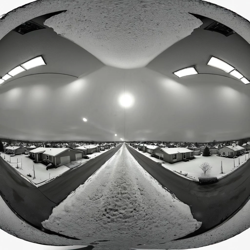 liminal, suburban liminal, suburban, an empty suburban environment, vanishing point, depth of field, fisheye lens, snow, neighborhood, indoors, looking out window, garage, symmetrical, abstract, split image, creepy, greyscale, night, day, sunrise, sunset, beautiful, masterpiece, offset