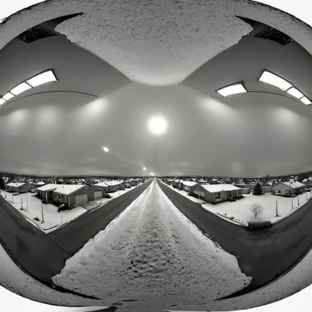 liminal, suburban liminal, suburban, an empty suburban environment, vanishing point, depth of field, fisheye lens, snow, neighborhood, indoors, looking out window, garage, symmetrical, abstract, split image, creepy, greyscale, night, day, sunrise, sunset, beautiful, masterpiece, offset