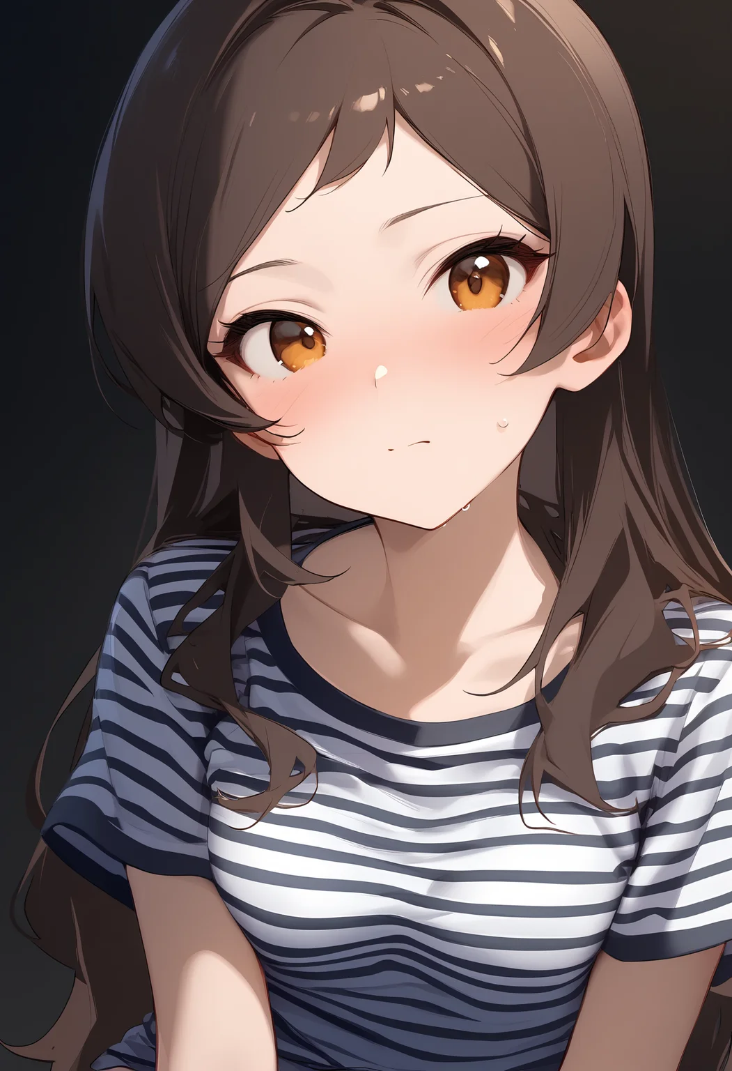1girl,kitazawa shiho,solo,looking at viewer,collarbone,simple background,blush,closed mouth,upper body,white background,striped clothes,striped shirt,short sleeves,<lora:a31_char_new_kitazawa_shiho-000018:1>masterpiece, best quality, absurdres<lora:a31_style_koni-000010:0.8>