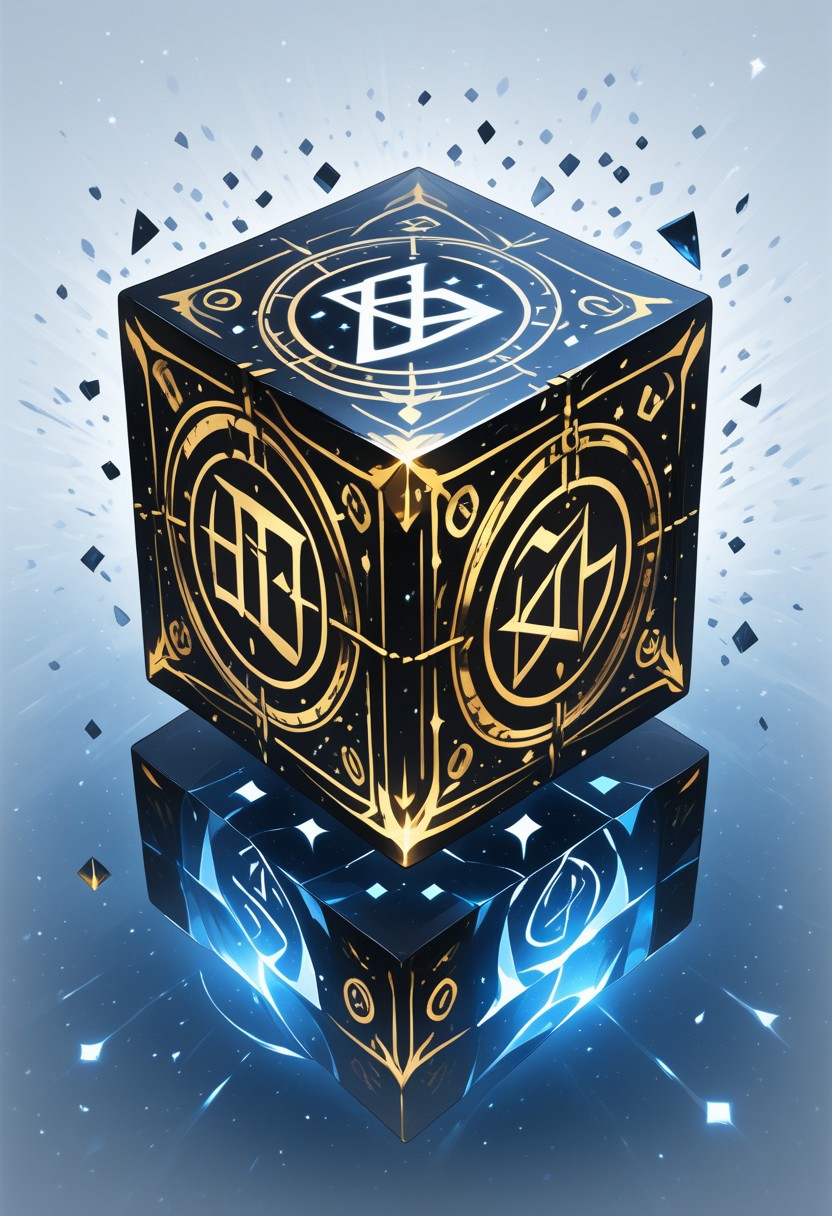 (masterpiece), best quality, Anime, Illustration, (Floating Cube, Crystal, Magic, Reflection), White Background, No Humans, Starry Theme, (Ancient Runes, Glowing Runes, Light Refraction), Black and Gold Theme, Natural Lighting, Verynsty