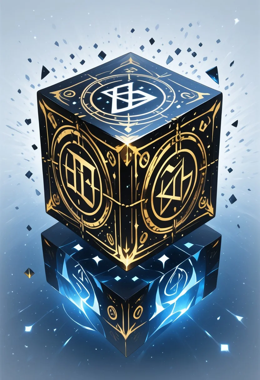 (masterpiece), best quality, Anime, Illustration, (Floating Cube, Crystal, Magic, Reflection), White Background, No Humans, Starry Theme, (Ancient Runes, Glowing Runes, Light Refraction), Black and Gold Theme, Natural Lighting, Verynsty