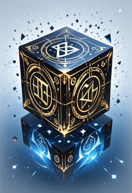 (masterpiece), best quality, Anime, Illustration, (Floating Cube, Crystal, Magic, Reflection), White Background, No Humans, Starry Theme, (Ancient Runes, Glowing Runes, Light Refraction), Black and Gold Theme, Natural Lighting, Verynsty