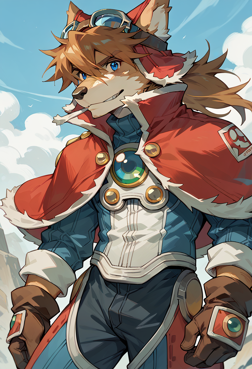 score_9, score_8_up, score_7_up, high res, best quality, red_savarin_solatorobo, furry, goggles, solo, 1boy, blue eyes, brown hair, gloves, capelet, <lora:Red_Savarin_Solatorobo:1>