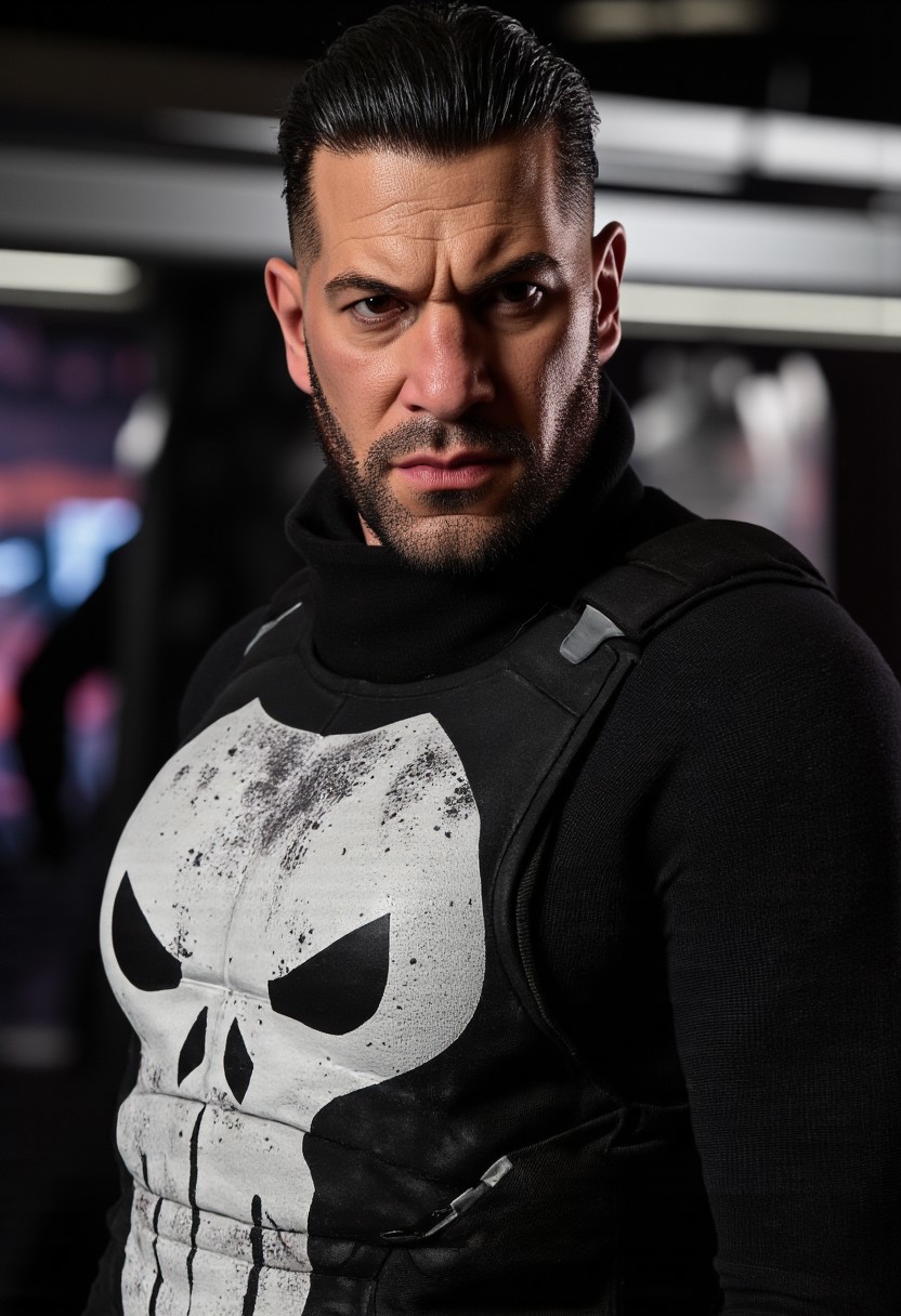high angle camera view from above and at a distance, realism, perfection style, bosstyle, skin texture style, Photo Quality Frank Castle Male Face with a stubbled Black beard, Caucasion Skin, Chort Black Military style haircut, detailed, facial expression style, High details face, High detailed Eyes, Full Body view, The Punisher Battle Worn White dirty Skull Motif painted on the chest of his Man in Gothic armour, futuristic, Jet Black with Black Trim Exosuit, Heavy Mech, Dynamic Aggressive Combat Pose, Exosuit, Extremely Low V cut top, Power Armor, futuristic, Tactical Futuristic Samurai Sword, Perfect hand, Fighting a Dragon, Heavy Mech, Armor Color Jet Black with Black Trim and a dirty white Skull Motif painted on the chest, Robot, Full body, Ready to strike, futuristic, (off-center composition, left aligned, Portrait),  Detailed hand, battle-worn, Gothic Neon Cyberpunk Night City Cityscape Background, cinematic film still glamorous photo dark art by Rafael Zabaleta, expressionism art by Asger Jorn, vibrant, Abstract expressionism, experimental painting techniques, bold bright colors, dynamic compositions, Expressionism, emotive brushwork, brilliant tones, dramatic lighting, introspective themes. high fashion, luxurious, extravagant, stylish, sensual, opulent, elegance, stunning beauty, professional, high contrast, detailed. shallow depth of field, vignette, highly detailed, high budget, bokeh, cinemascope, moody, epic, gorgeous, film grain, grainy