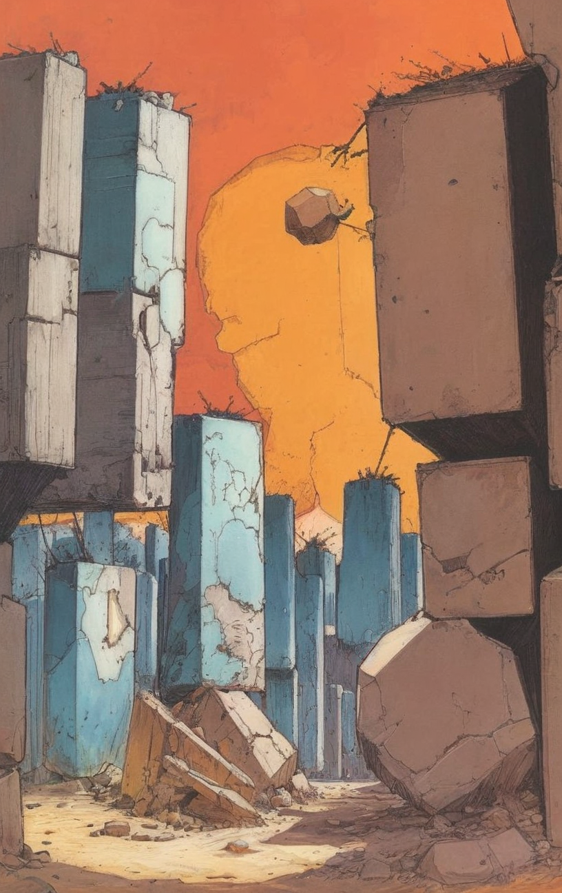 artwork <lora:Moebius:1>, anywhere, Stuckism (art style)