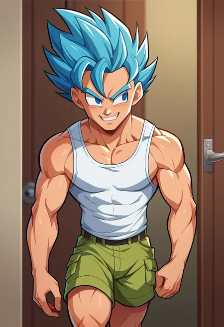score_9, score_8_up, score_7_up,score_6_up BREAK ict style,nose lips,1boy, solo, male focus,walking, doorway, blue hair, spiked hair, super saiyan, blue eyes, white tank top, cargo shorts, v, light smile,no pupils, <lora:ShaneGlinesPony:1>