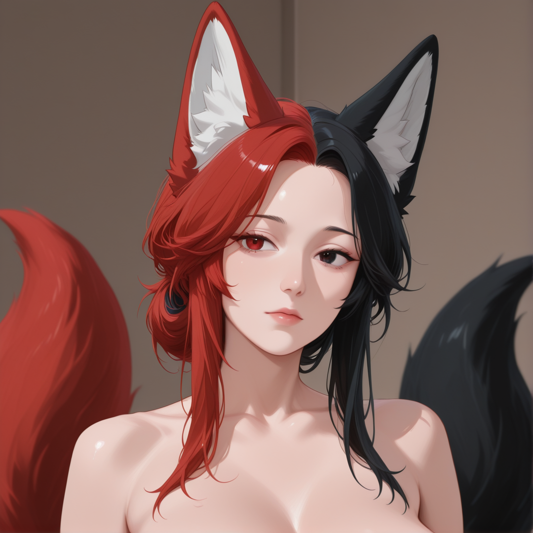 vsty1e, intricate, 1girl, mature female, fox ears, fox tail, white ear fluff, red tail, two tails, black tail, red eyes, heterochromia, black eyes, red hair, split color hair, black hair, nude, slender, portrait
