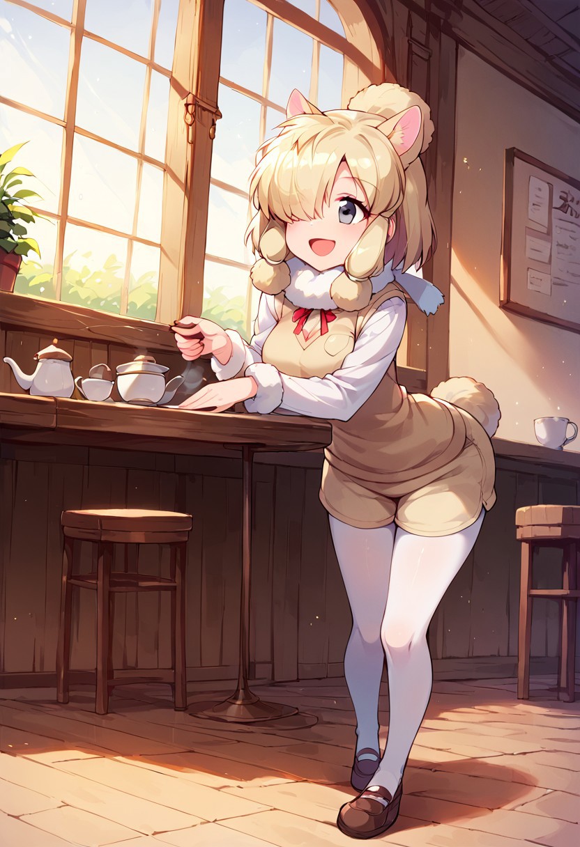 1girl, ((solo)), best quality, ultra-detailed, extremely detailed, perfect anatomy, masterpiece, score_9, score_8_up, score_7_up, Expressiveh, alpaca suri (kemono friends), alpaca ears, hair over one eye, bangs, blonde hair, grey eyes, sidelocks, hair tubes, hair bun, tail, short hair, horizontal pupils, fur scarf, white pantyhose, long sleeves, fur collar, fur trim, neck ribbon, white shirt, sweater vest, shorts, pantyhose, breast pocket, fur-trimmed sleeves, shoes, standing, open mouth smile, smile, cute, full body, cafe background, in a cafe, indoors, window with light, countertop, tables, chairs, leaning forward, dutch angle, contrapposto, full-length portrait, happy, eager, holding tea kettle,