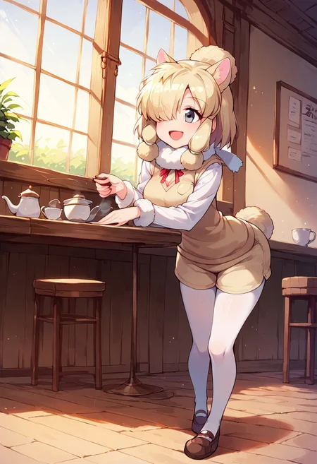 1girl, ((solo)), best quality, ultra-detailed, extremely detailed, perfect anatomy, masterpiece, score_9, score_8_up, score_7_up, Expressiveh, alpaca suri (kemono friends), alpaca ears, hair over one eye, bangs, blonde hair, grey eyes, sidelocks, hair tubes, hair bun, tail, short hair, horizontal pupils, fur scarf, white pantyhose, long sleeves, fur collar, fur trim, neck ribbon, white shirt, sweater vest, shorts, pantyhose, breast pocket, fur-trimmed sleeves, shoes, standing, open mouth smile, smile, cute, full body, cafe background, in a cafe, indoors, window with light, countertop, tables, chairs, leaning forward, dutch angle, contrapposto, full-length portrait, happy, eager, holding tea kettle,