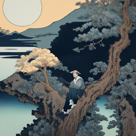 1boy,mature,solo,masterpiece,best quality,intricate details,KHsty-XL,cliff edge,a tilted pine tree on cliff edge,pine tree focus,woodcuts art,moon night,(one druken man sitting on tree:1.3), (leaning on pine tree),asleep,sea underneath,bamboo hat,