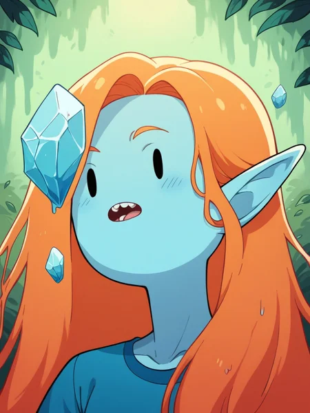 score_9, score_8_up, score_7_up, score_6_up, score_5_up, score_4_up, 4dv3ntur3t1m3, adventure time, <lora:4dv3ntur3t1m3XLP:1> 1girl, orange hair, portrait, long hair, crystals, forest, slime, ghosts