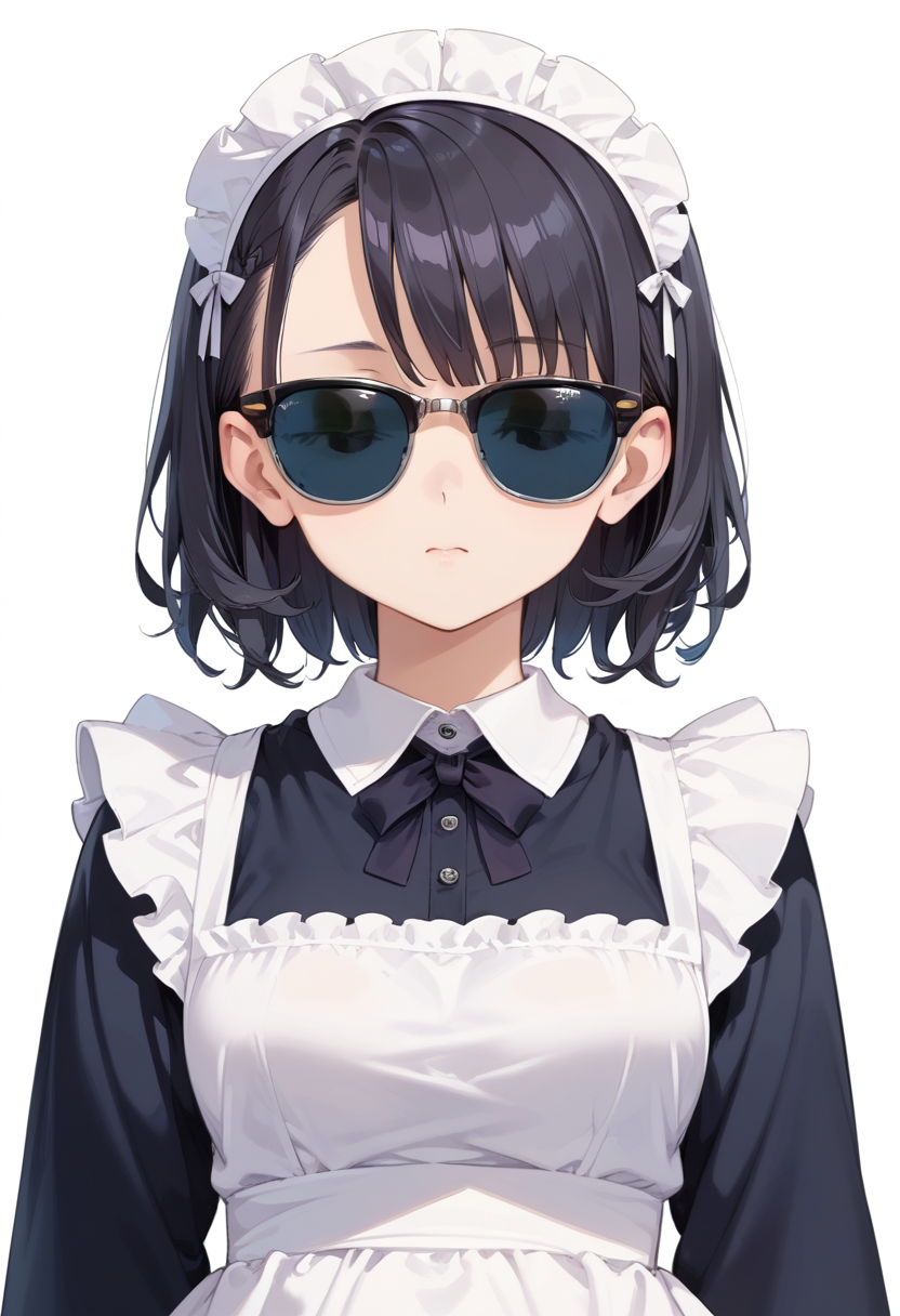 score_9, score_8_up, score_7_up, rating_safe, masterpiece, best quality, absurdres, unity 8k wallpaper, official art, official style, source_anime, uncensored, game cg, megami magazine,
1girl, solo, black hair, medium hair, upper body, covered eyes,maid, maid headdress, black dress, maid apron,
sirmont, sunglasses, white background, simple background, reflection, glasses, english text, black-framed eyewear, grey-framed eyewear, two-tone eyewear, covered eyes, 
 <lora:glasses_clubmaster_PONY_V1:1>