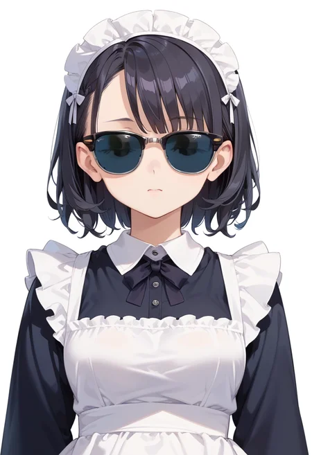 score_9, score_8_up, score_7_up, rating_safe, masterpiece, best quality, absurdres, unity 8k wallpaper, official art, official style, source_anime, uncensored, game cg, megami magazine,
1girl, solo, black hair, medium hair, upper body, covered eyes,maid, maid headdress, black dress, maid apron,
sirmont, sunglasses, white background, simple background, reflection, glasses, english text, black-framed eyewear, grey-framed eyewear, two-tone eyewear, covered eyes,
<lora:glasses_clubmaster_PONY_V1:1>